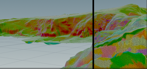 A cliff face coloured with the world space normals of the geometry, a side by side comparison shows one side realistic and the other faceted