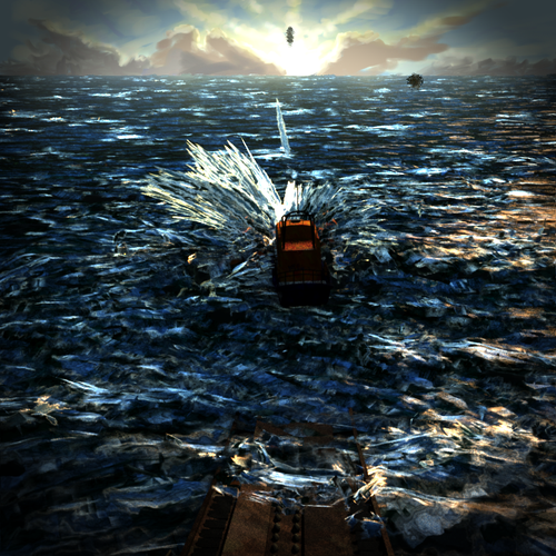 A painterly stylized render of a boat splashing into an ocean